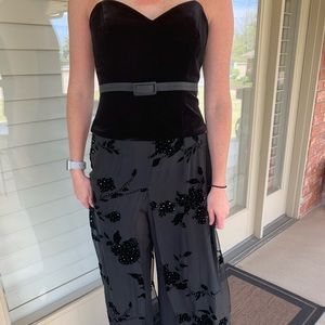 Velvet strapless top and satin gaucho pants